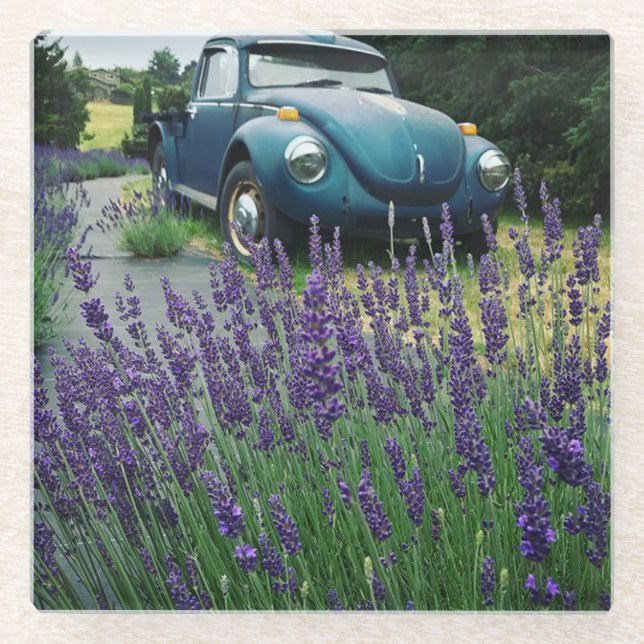 Classic Automobile & Lavender Glass Coaster (Front)