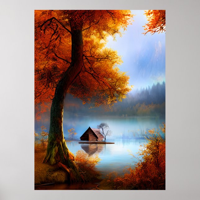 Classic Autumn a hut a Lake trees crimson leaves Poster (Front)