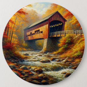 classic, autumn covered bridge 6 cm round badge