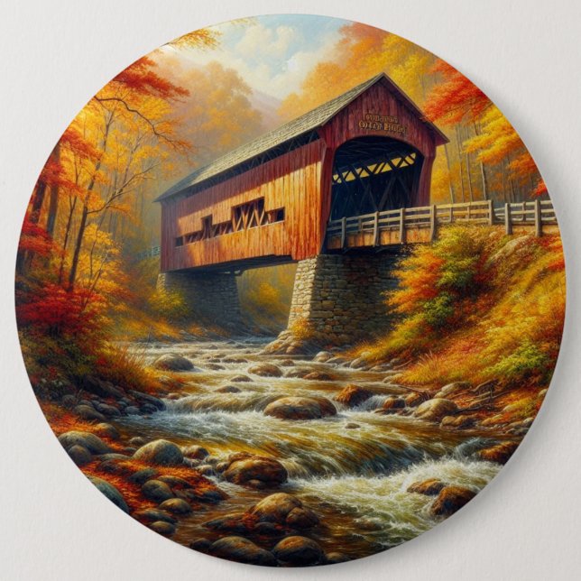 classic, autumn covered bridge 6 cm round badge (Front)