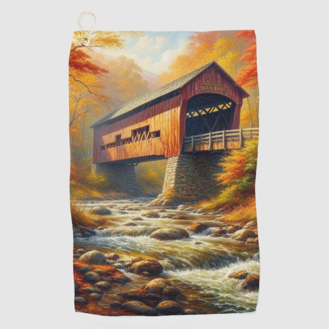 classic, autumn covered bridge golf towel (Front)