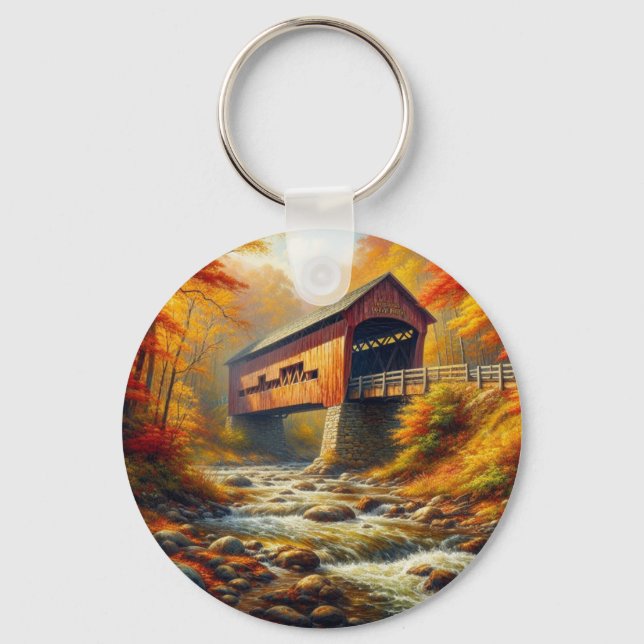 classic, autumn covered bridge key ring (Front)