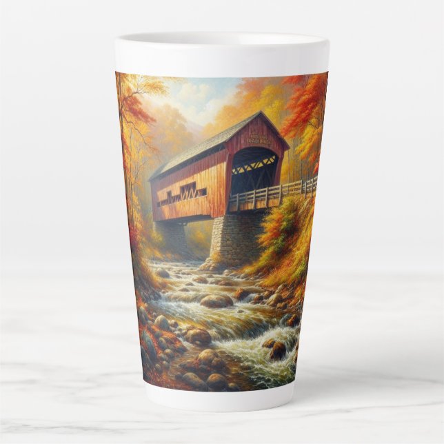 classic, autumn covered bridge latte mug (Front)