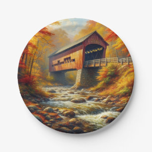 classic, autumn covered bridge paper plate