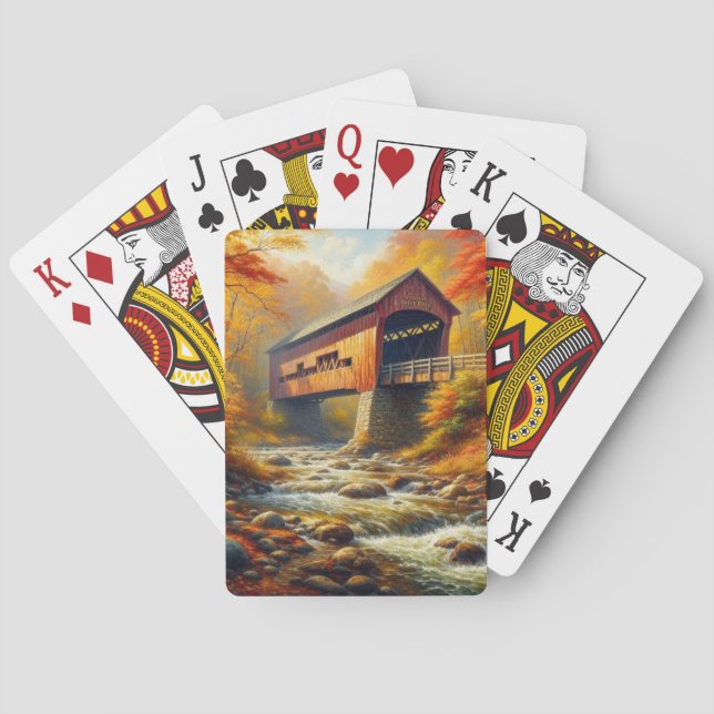 classic, autumn covered bridge playing cards (Back)