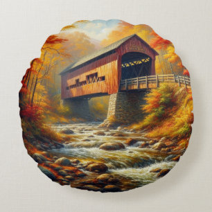 classic, autumn covered bridge round cushion