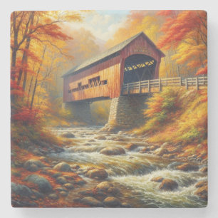classic, autumn covered bridge stone coaster