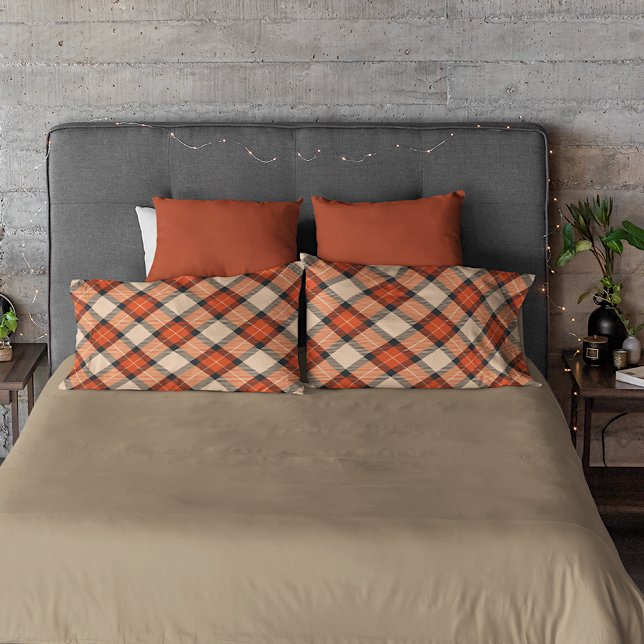 Classic Autumn Pumpkin Orange Brown Tartan Pattern Pillowcase (Creator Uploaded)