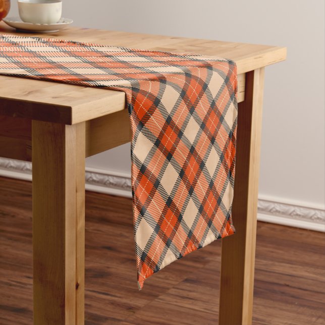 Classic Autumn Pumpkin Orange Brown Tartan Pattern Short Table Runner (In Situ)