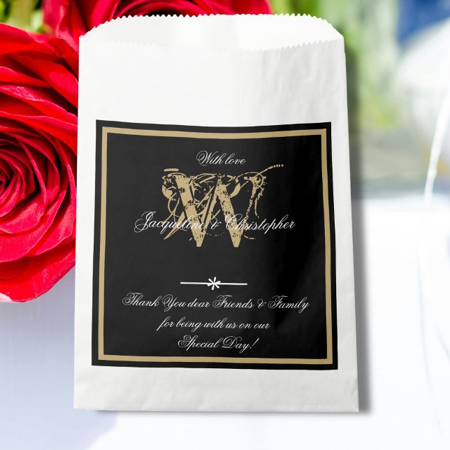Classic B & W & Gold Monogram + Names Modern Chic Favour Bags (Classic Black, White & Gold Monogram plus Bride and Groom Names - Modern Chic Favor Bag)