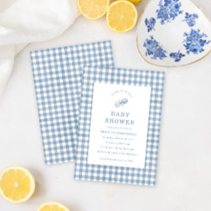 Classic Baby Boy Blue Rattle Gingham Baby Shower Invitation