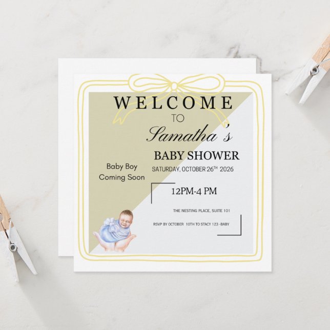Classic Baby Boy Coming Soon Invitation | Soft Gol (Front/Back In Situ)
