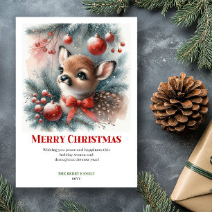 Classic Baby Deer Snowy Forest Watercolor Christma Holiday Card