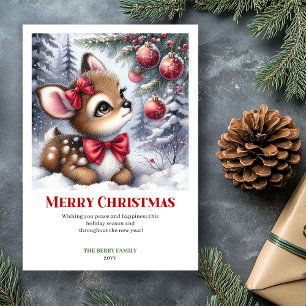 Classic Baby Fawn Snowy Forest Watercolor Xmas Holiday Card
