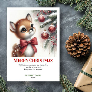 Classic Baby Fawn Winter Scene Watercolor Xmas Holiday Card