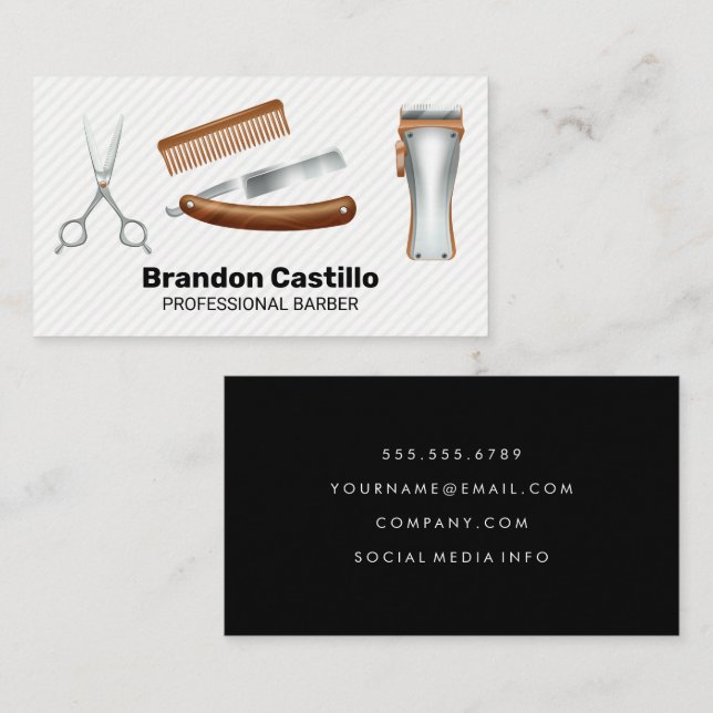Classic Barber Haircut and Shave Tools Business Card (Front/Back)