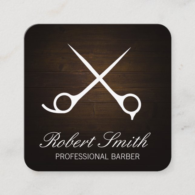 Classic Barber Shop | Wood | Scissors Square Business Card (Front)