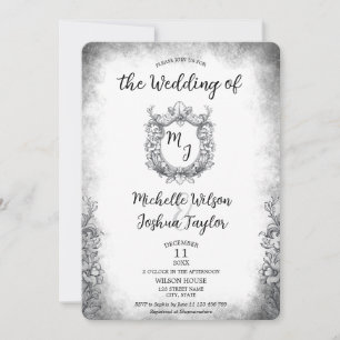 Classic Baroque Botanical Wedding Crest Monogram Invitation