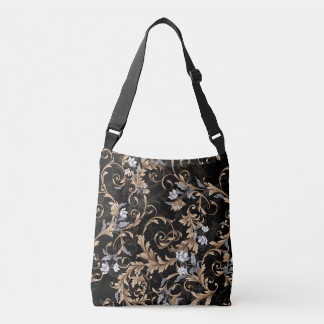 Classic baroque flowers: black background. crossbody bag (Front)