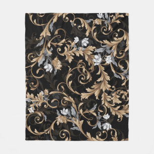 Classic baroque flowers: black background. fleece blanket
