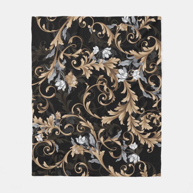 Classic baroque flowers: black background. fleece blanket (Front)
