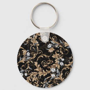 Classic baroque flowers: black background. key ring