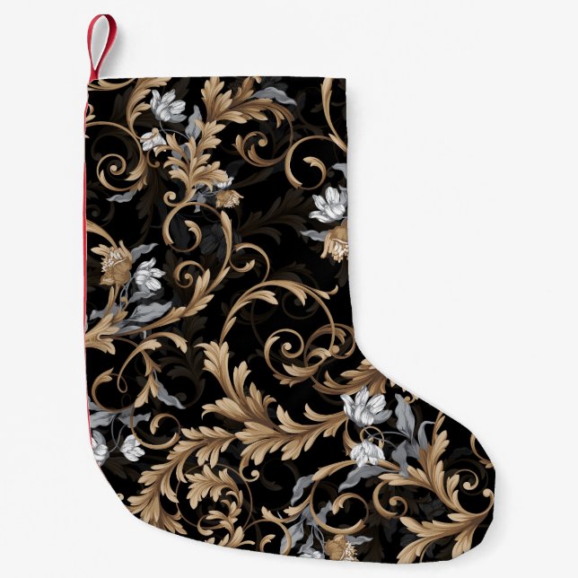 Classic baroque flowers: black background. small christmas stocking (Front)