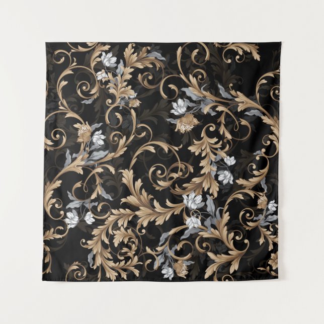 Classic baroque flowers: black background. tapestry (Front)