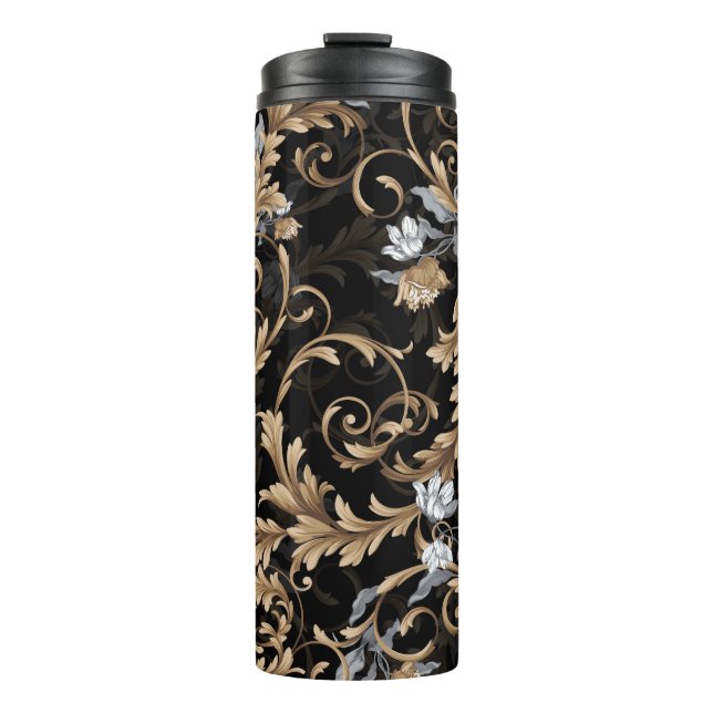 Classic baroque flowers: black background. thermal tumbler (Front)