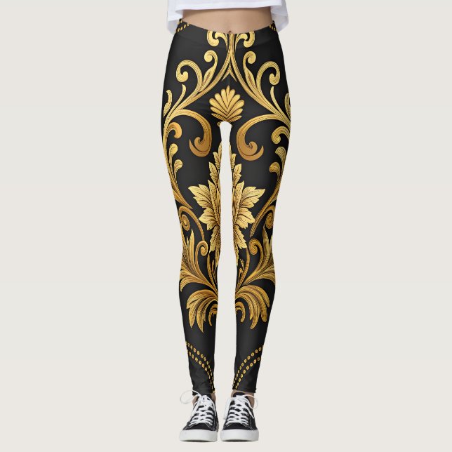 Classic Baroque Ornamental Gold  Luxury  Leggings (Front)