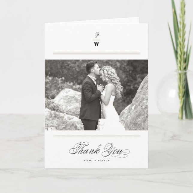 Classic Bars Double Monogram Modern Photo Wedding Thank You Card (Front)