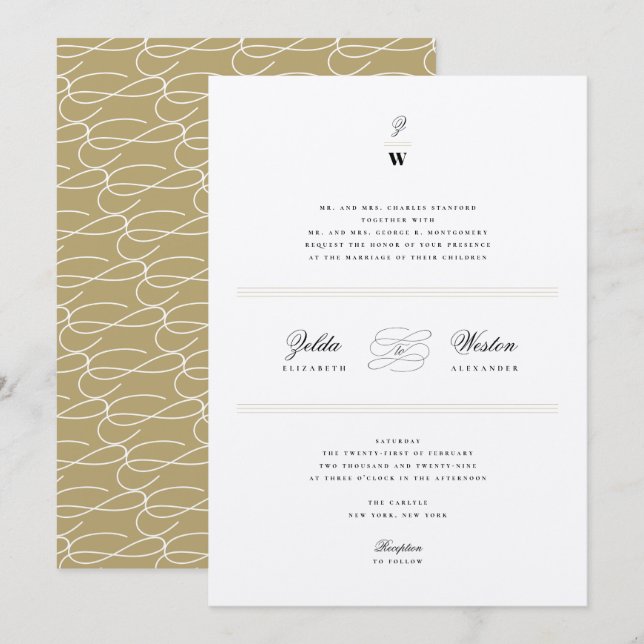 Classic Bars Lines Double Monogram Modern Wedding Invitation (Front/Back)
