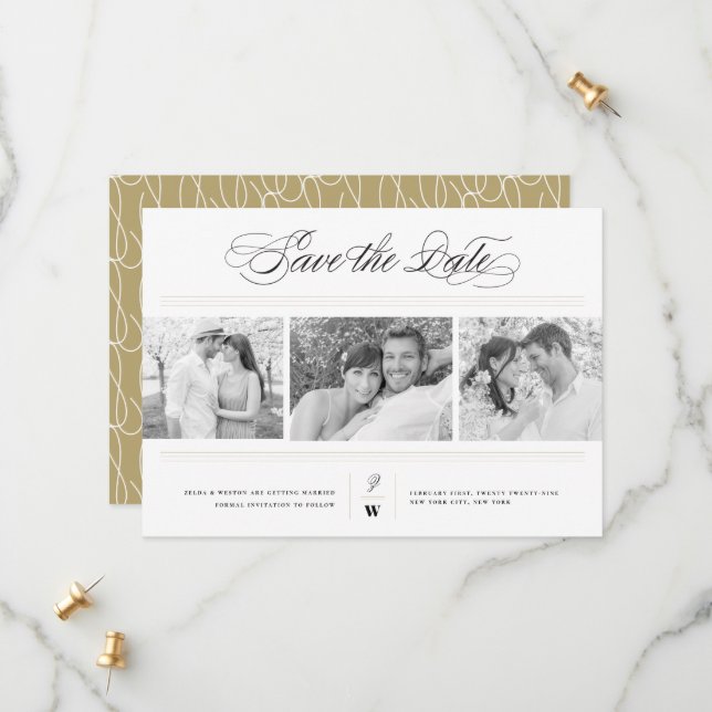 Classic Bars Monogram Modern 3 Multi Photo Wedding Save The Date (Front/Back In Situ)