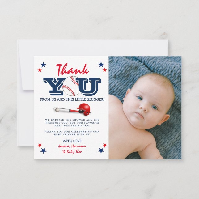 Classic Baseball Boy Baby Shower Photo Thank You Card (Front)