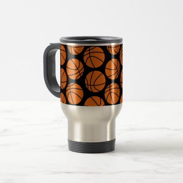 Classic Basketball Pattern on Black Travel Mug (Front Left)