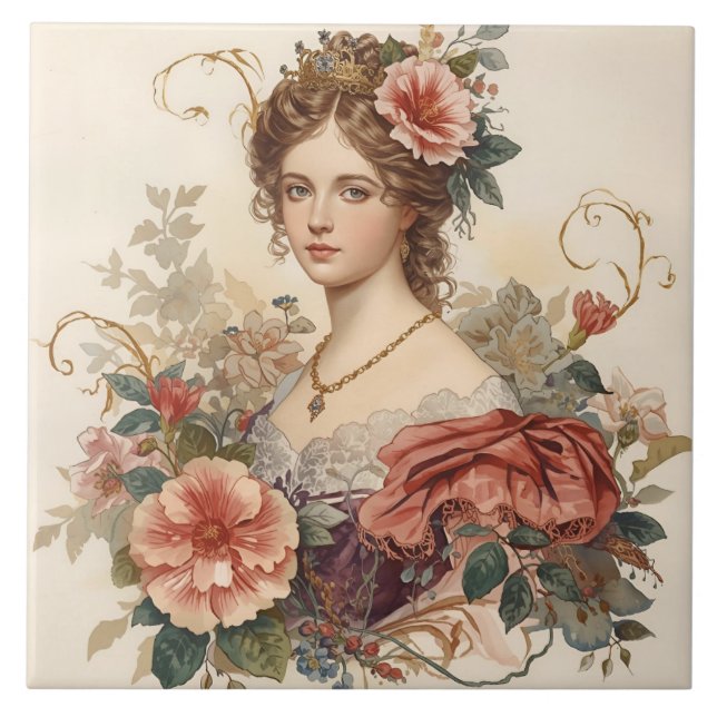 Classic, Beautiful Noblewoman with Roses Ornament Tile (Front)