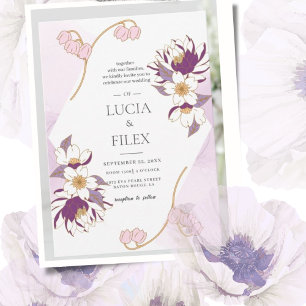 Classic Beautiful Pruple Lotus & Colour Ink Weddin Invitation