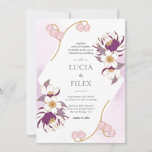 Classic Beautiful Pruple Lotus & Colour Ink Weddin Invitation