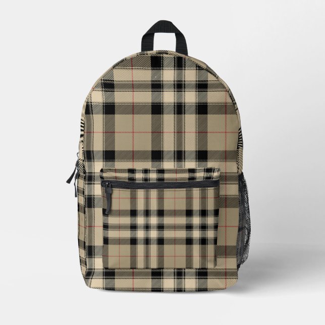Classic Beige And Black Plaid Printed Backpack (Front)
