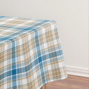 Classic Beige and Blue Plaid Tablecloth