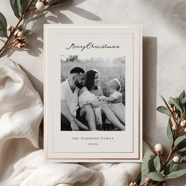 Classic Beige and Rose Gold Frame Family Photo Foil Holiday Card (Creator Uploaded)