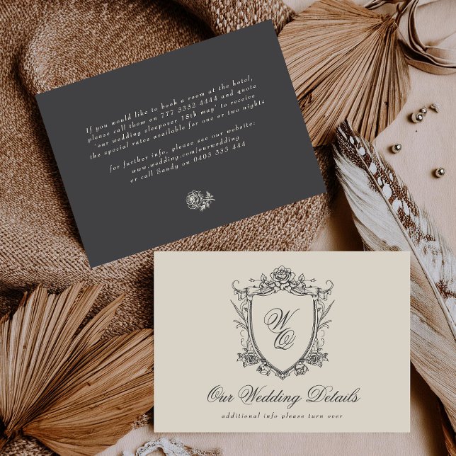 Classic Beige Charcoal Floral Crest Wedding Detail Enclosure Card (Creator Uploaded)
