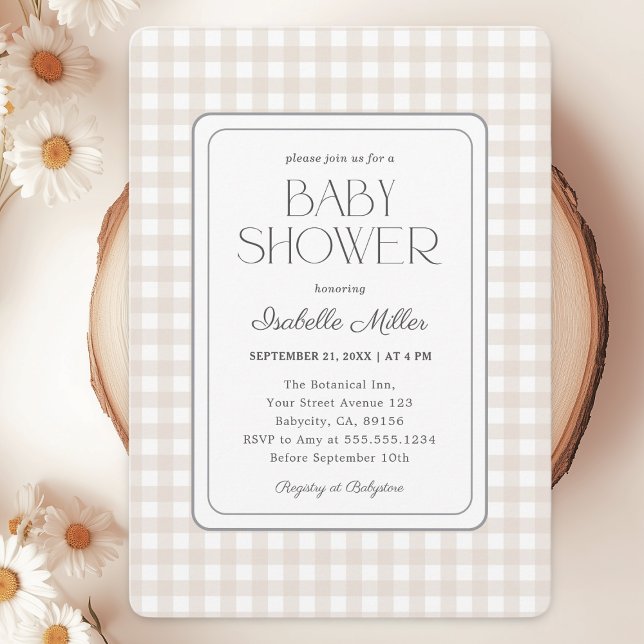 Classic Beige Gingham Gender Neutral Baby Shower Invitation (Creator Uploaded)