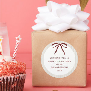 Classic Beige  Stripes Red Bow Merry Christmas Classic Round Sticker