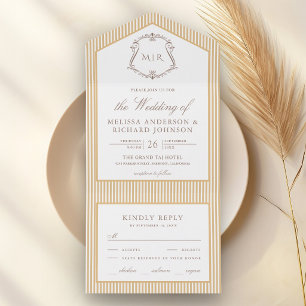 Classic Beige Tan Striped Crest Monogram Wedding All In One Invitation