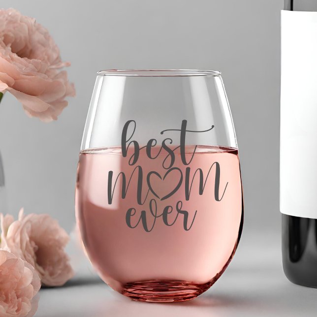 Classic Best Mum Ever Brush Script With Heart Stemless Wine Glass (Classic Best Mom Ever Brush Script With Heart Stemless Wine Glass)
