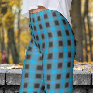 Classic Black and Azure Blue Check Pattern Leggings