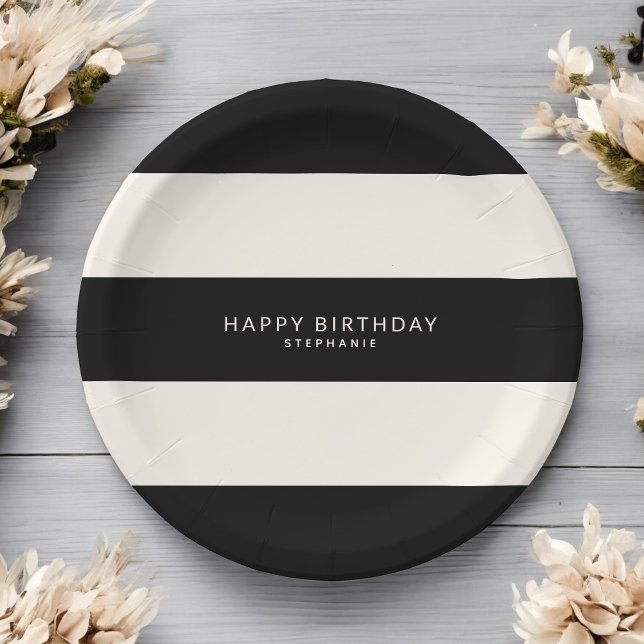 Classic Black and Eggshell White Stripes Birthday Paper Plate (Creator Uploaded)