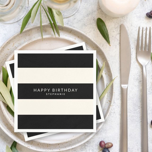Classic Black and Eggshell White Stripes with Name Napkin (Creator Uploaded)
