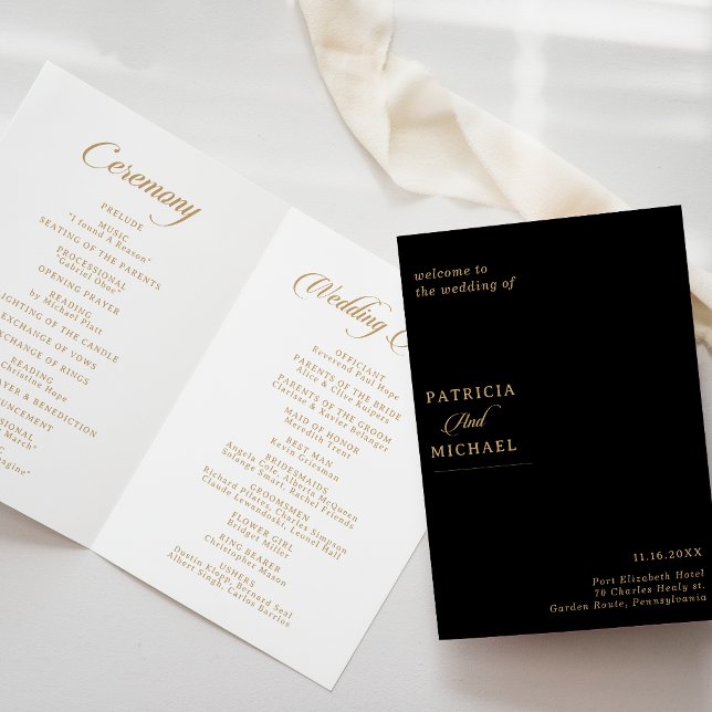 Classic Black and Gold Calligraphy Folded Wedding Programme (Creator Uploaded)